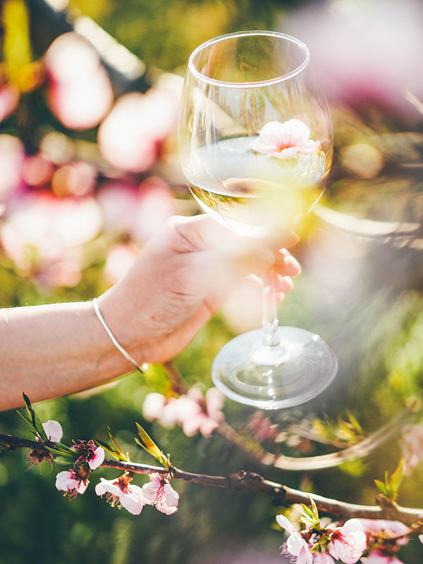 Ein Glas Weißwein mit Blüten im Hintergrund