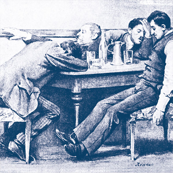 Illustration in Blau/Weiß von Personen an einem Tisch