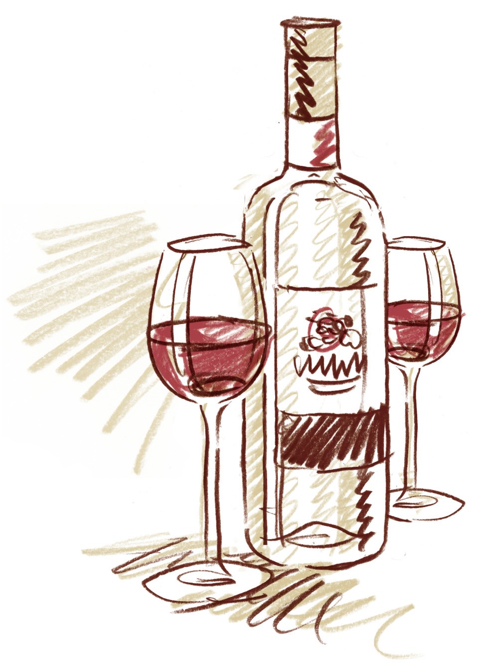 Zeichnung einer Weinflasche mit befüllten Gläsern
