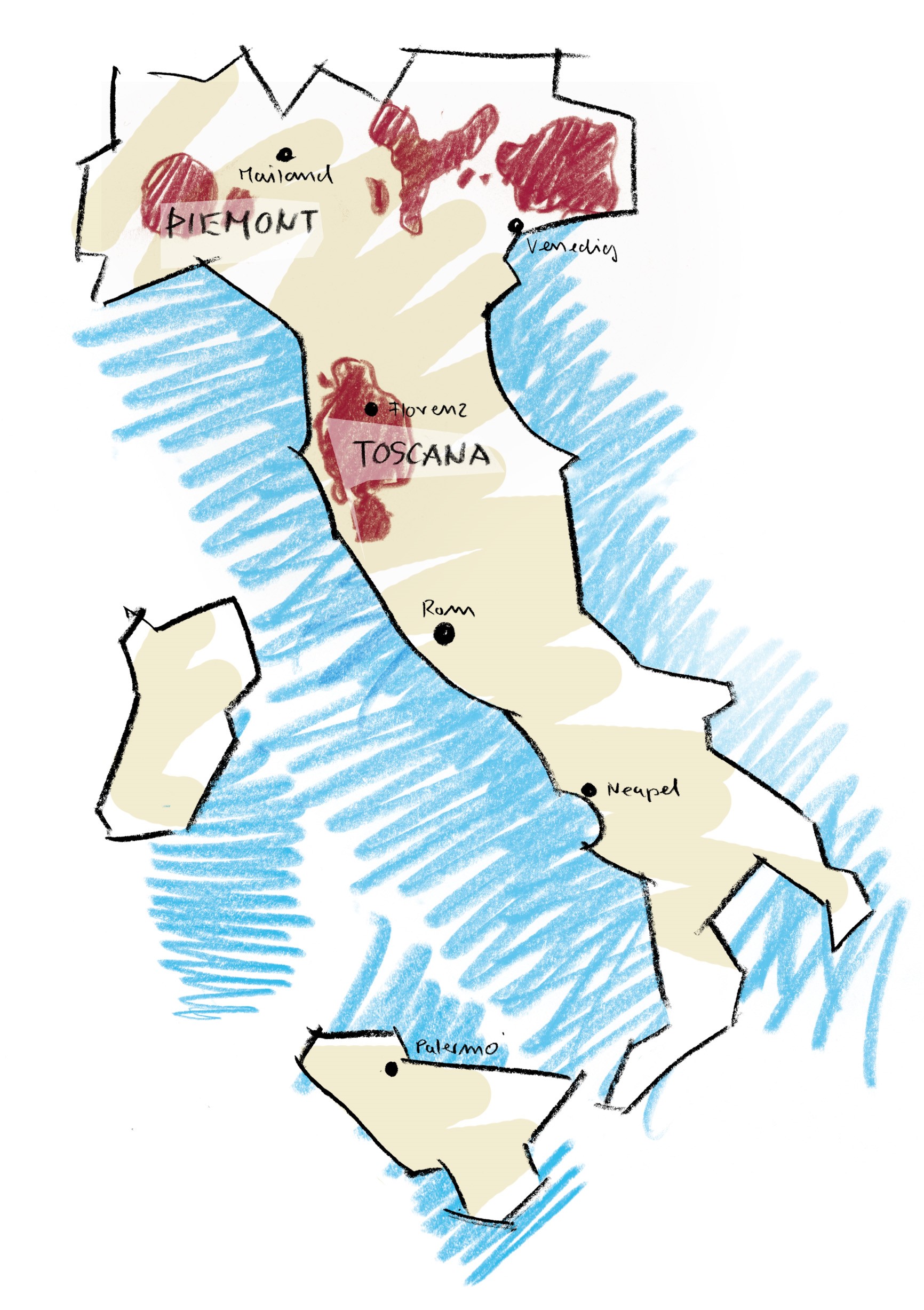 Italienkarte mit hervorgehobenen Zonen in denen Weinbau möglich ist