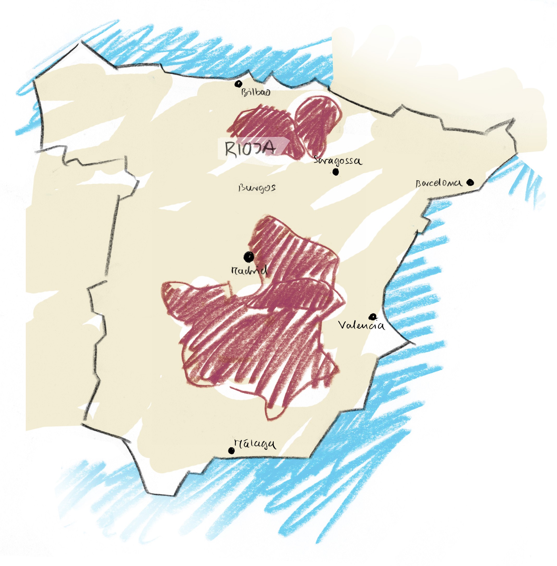 Spanienkarte mit hervorgehobenen Zonen in denen Weinbau möglich ist