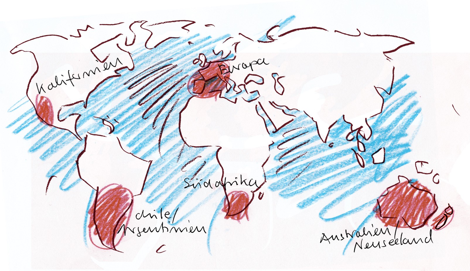 Weltkarte mit hervorgehobenen Zonen in denen Weinbau möglich ist