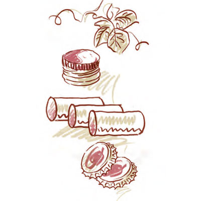 Zeichnung Flaschenverschlüsse: Drehverschluss, Korken, Kronkorken