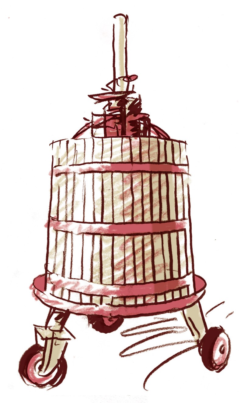 Zeichnung einer Hölzernen Weinpresse auf Rollen