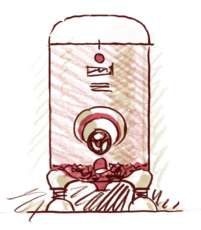 Zeichnung eines Behälters mit angedeuteten Trauben darin.
