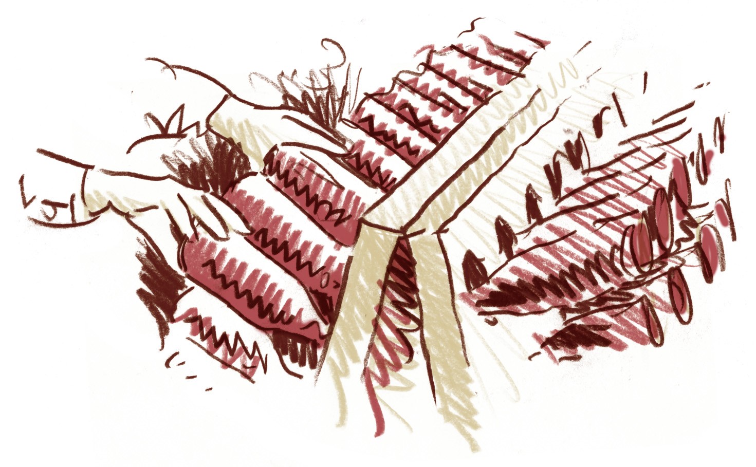 Zeichnung von etwa 20 Flaschen in eine Art Maschine gesteckt