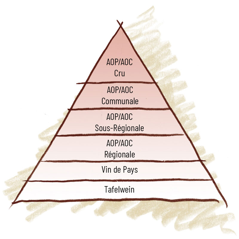 Pyramide von oben nach Unten: AOP/AOC CRU. AOP/AOC Communale. AOP/AOC Régionale. Vin de Pays. Tafelwein.
