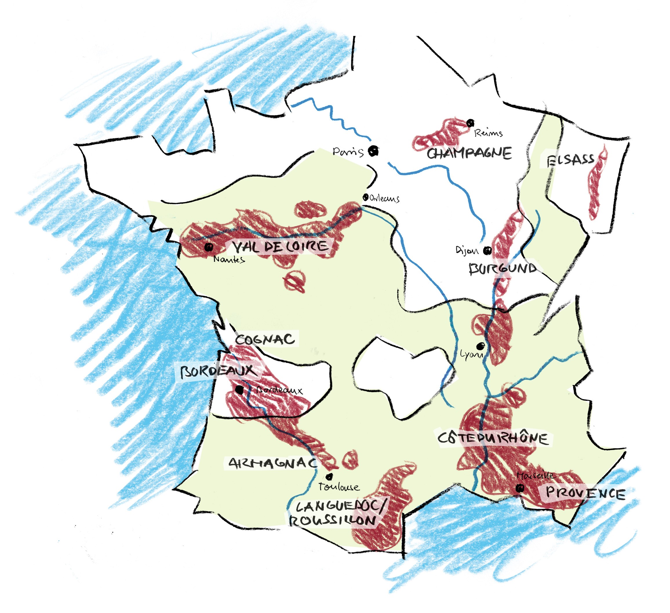 Frankreichkarte mit hervorgehobenen Zonen in denen Weinbau möglich ist